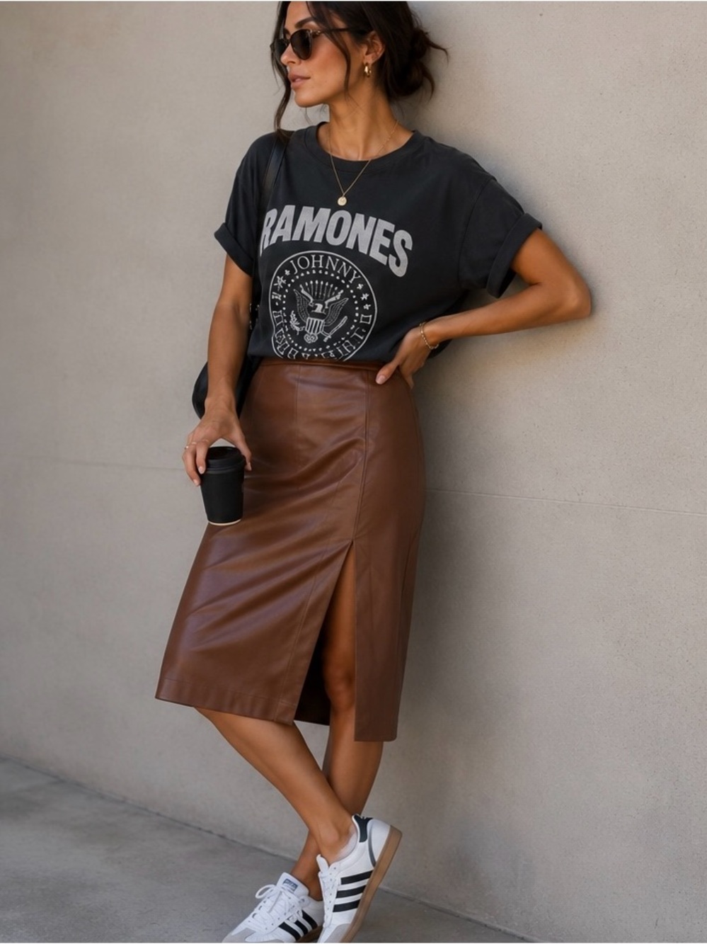 T Tahari Brown Faux Leather Midi Skirt with Front Slit